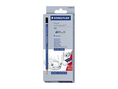 Verpackung für einen Staedtler Mars Lumograph 100 Graphitstift, einzelner blauer Stift in einer Einzelhandelsbox mit Etikett „6+2 Bonus Pack