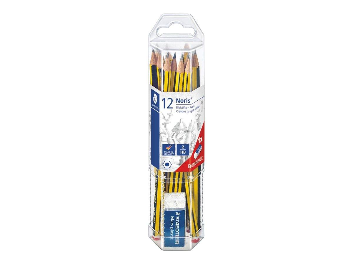 Packung mit 12 Staedtler Noris HB-Bleistiften in einem transparenten Kunststoffetui mit Griff.
