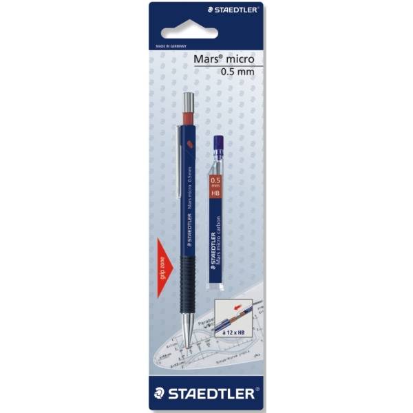 Druckbleistift Mars micro 0,5mm B blau + Minen auf Blisterkarte