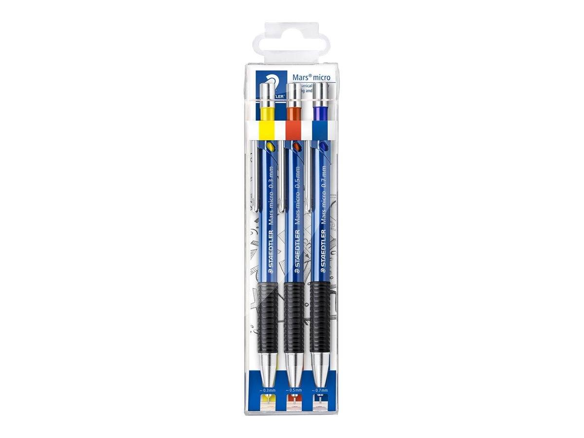 Packung mit drei Mars Micro-Druckbleistiften in einer durchsichtigen Kunststoffbox mit blauen, gelben und roten Akzenten.