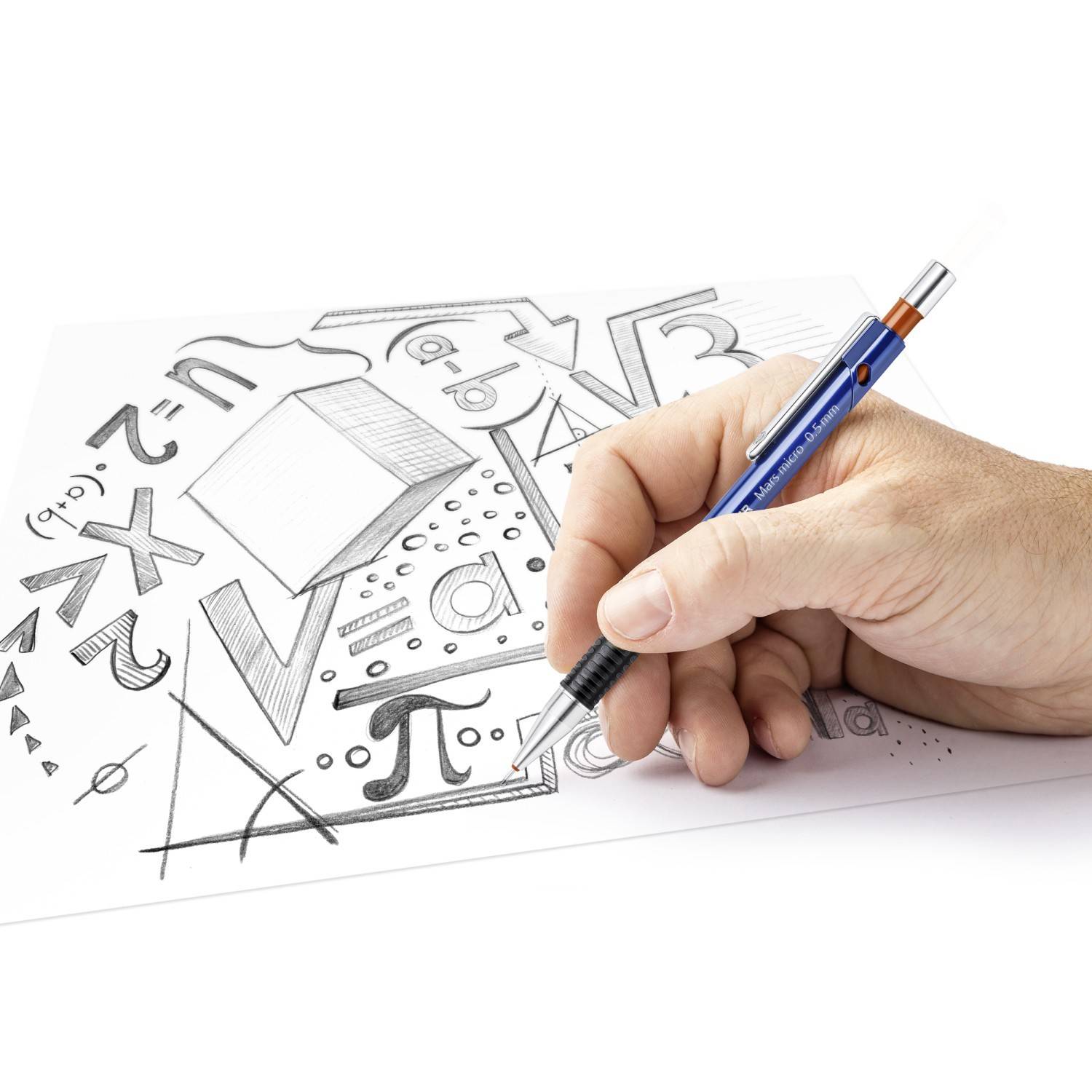 Hand, die einen Bleistift hält und Mathematiksymbole, Formen und geometrische Figuren auf Papier skizziert, was auf Problemlösung oder Mathematikunterricht hindeutet.