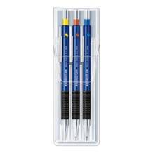 Drei blaue mechanische Bleistifte mit farbigen Radiergummikappen in einer durchsichtigen Kunststoffverpackung.