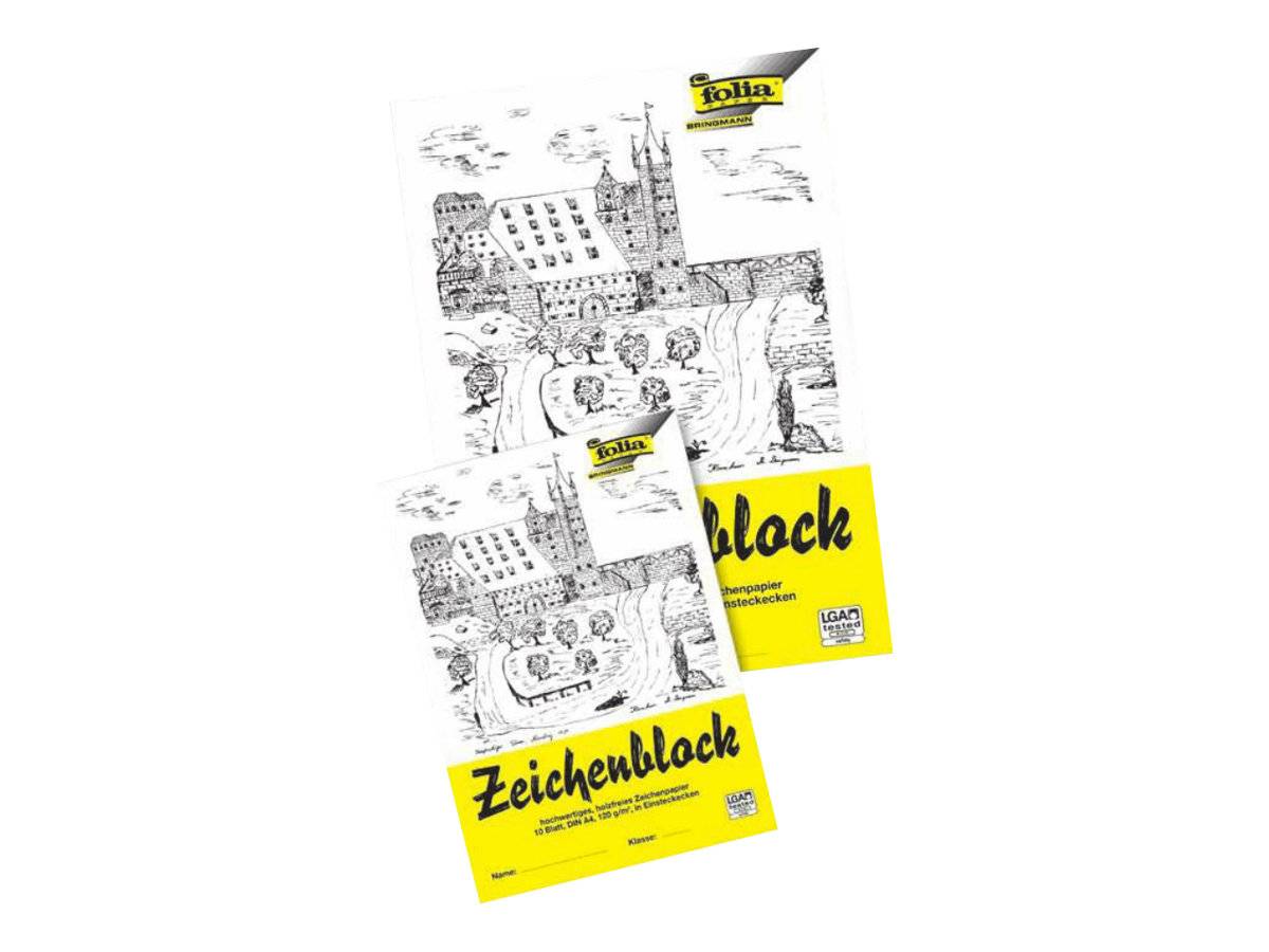 Produktverpackung für 'folia' Zeichenblöcke, mit schwarz-weißen Strichzeichnungen auf den Covers und leuchtend gelben Etiketten.