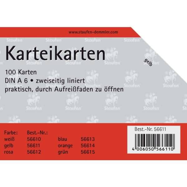 Karteikarten A6 liniert 180g/qm gelb VE=100 Stück