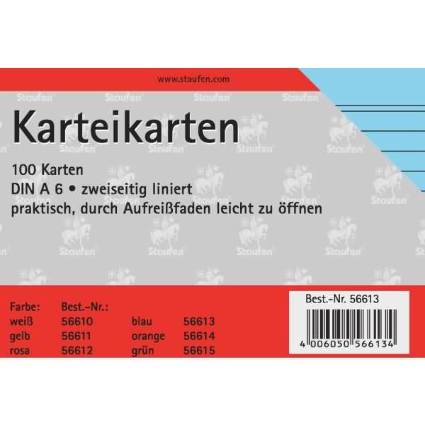 Karteikarten A6 liniert 180g/qm blau VE=100 Stück