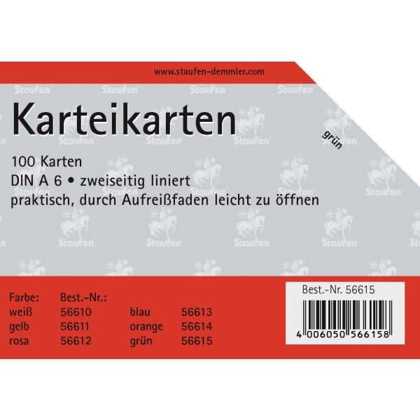 Karteikarten A6 liniert 180g/qm grün VE=100 Stück