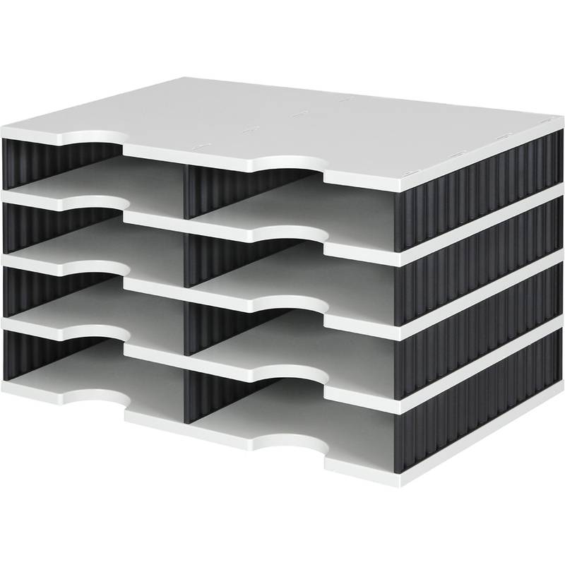 Ein stapelbarer Dokumentensortierer mit fünf horizontalen Ablagen, entwickelt zur Organisierung von Papieren und Akten in einem Büroumfeld.