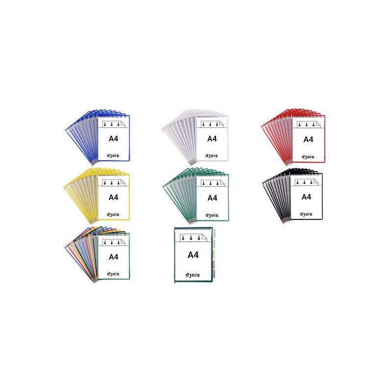 Eine Sammlung farbenfroher A4-Dokumentenordner, in Gruppen verschiedener Farben angeordnet: blau, rot, gelb, grün und schwarz.