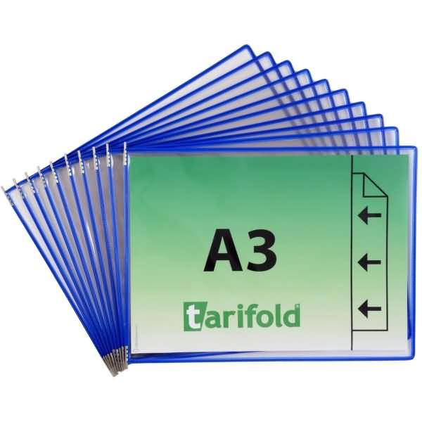 Sichttafel A3 quer blau 10 Stück seitl. offen mit 5 Aufsteckreitern 50mm