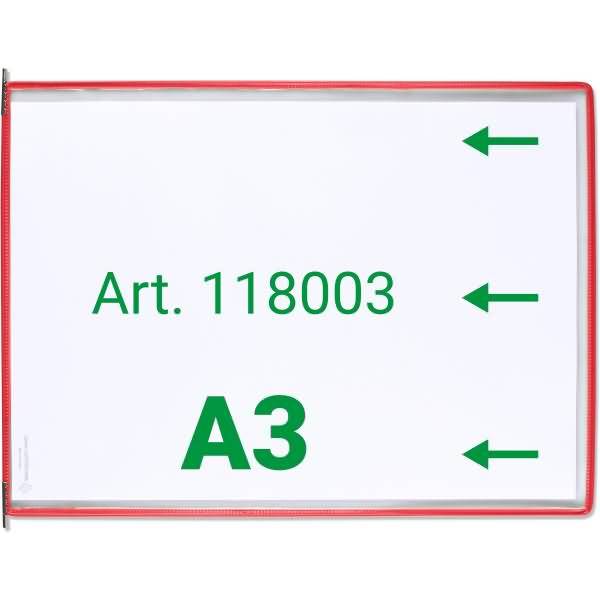 Sichttafel A3 quer rot 10 Stück seitl. offen mit 5 Aufsteckreitern 50mm