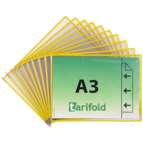 Sichttafel A3 quer gelb 10 Stück seitl. offen mit 5 Aufsteckreitern 50mm