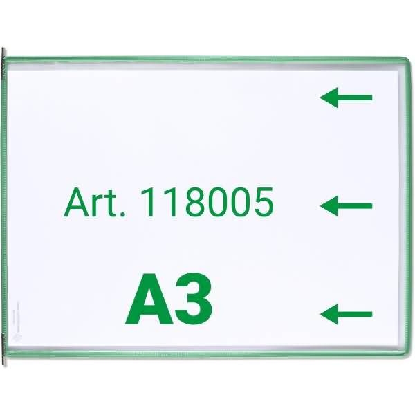 Sichttafel A3 quer grün 10 Stück seitl. offen mit 5 Aufsteckreitern 50mm