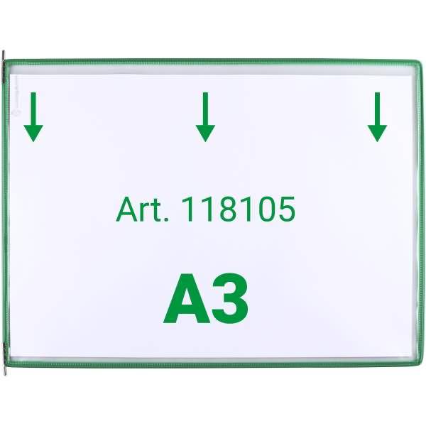 Sichttafel A3 quer grün 10 Stück mit 5 Aufsteckreitern 50mm