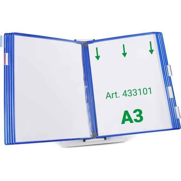 Wandsichttafelsystem Pult A3 grau Metall mit 10 Sichttafeln A3 blau