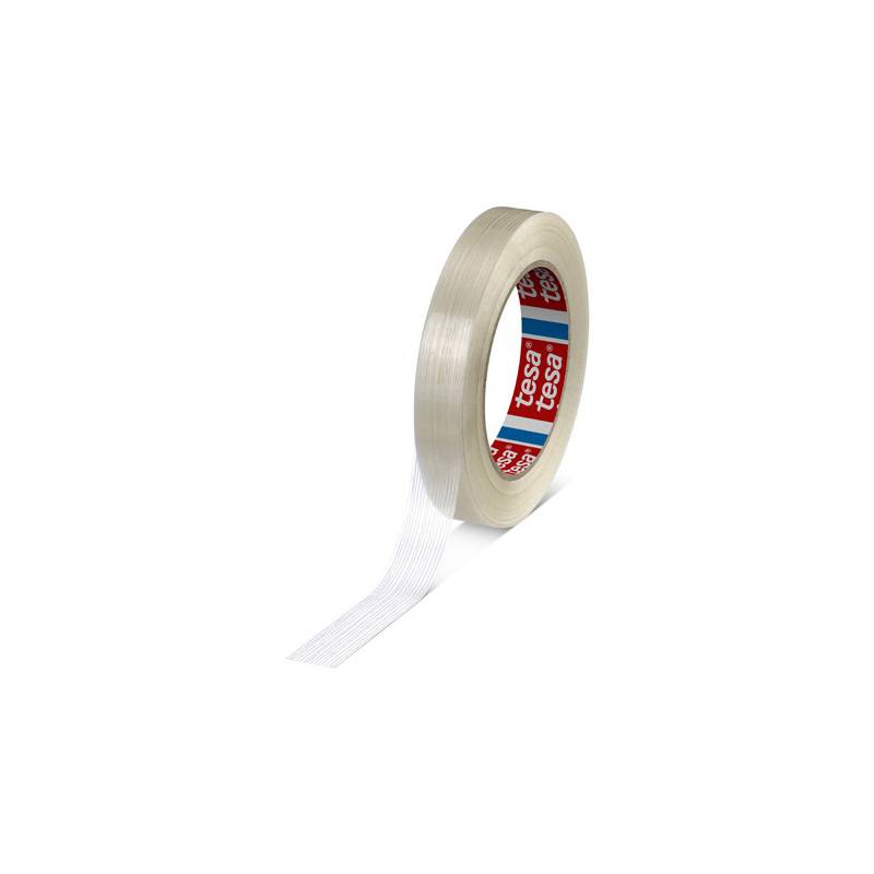 Eine Rolle transparenten Klebebands entrollt sich nach links und zeigt ihre faserige, verstärkte Textur.