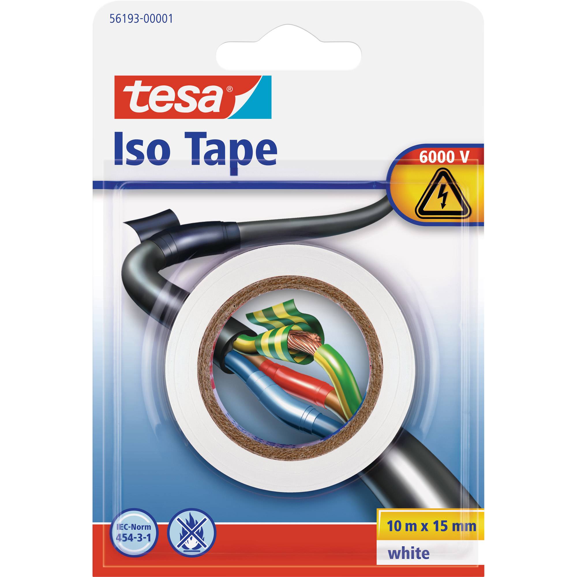 Paket von tesa Iso Tape Elektro-Isolierband, das eine weiße Rolle von 10 m x 15 mm und ein Warnsymbol für 6000 V zeigt.