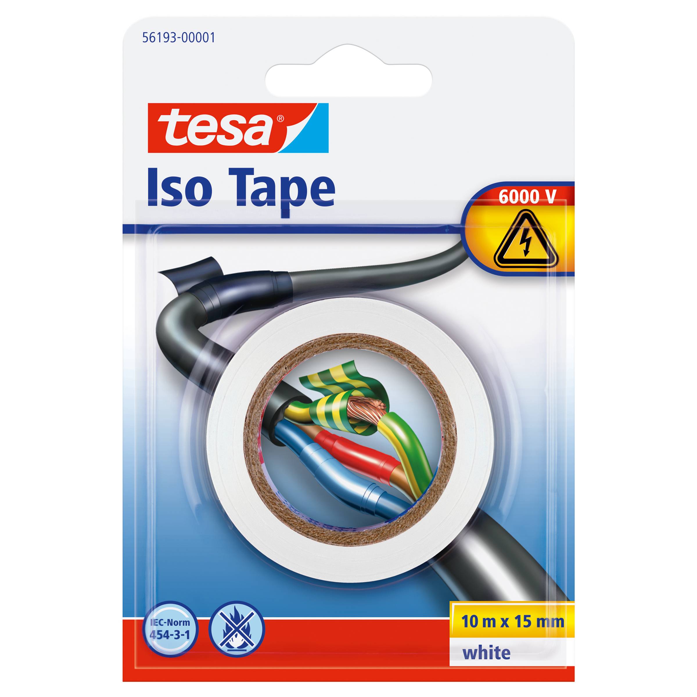 Paket tesa Iso Tape Elektroisolierband, weiß, 10 m x 15 mm, Nennspannung 6000 V, mit Kabel und Warnsymbol dargestellt.