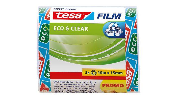 Packung tesa FILM ECO & CLEAR Klebeband, gekennzeichnet mit „100% recycelter Kunststoff