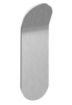 Ein silbernes Metall-Skateboard-Deck auf schlicht weißem Hintergrund, vertikal dargestellt mit einem abgerundeten Ende und einer gekrümmten Spitze.