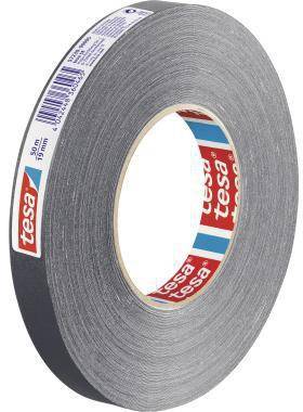 Eine Rolle graues Tesa-Klebeband mit einem weiß, rot und blau bedruckten Kern.