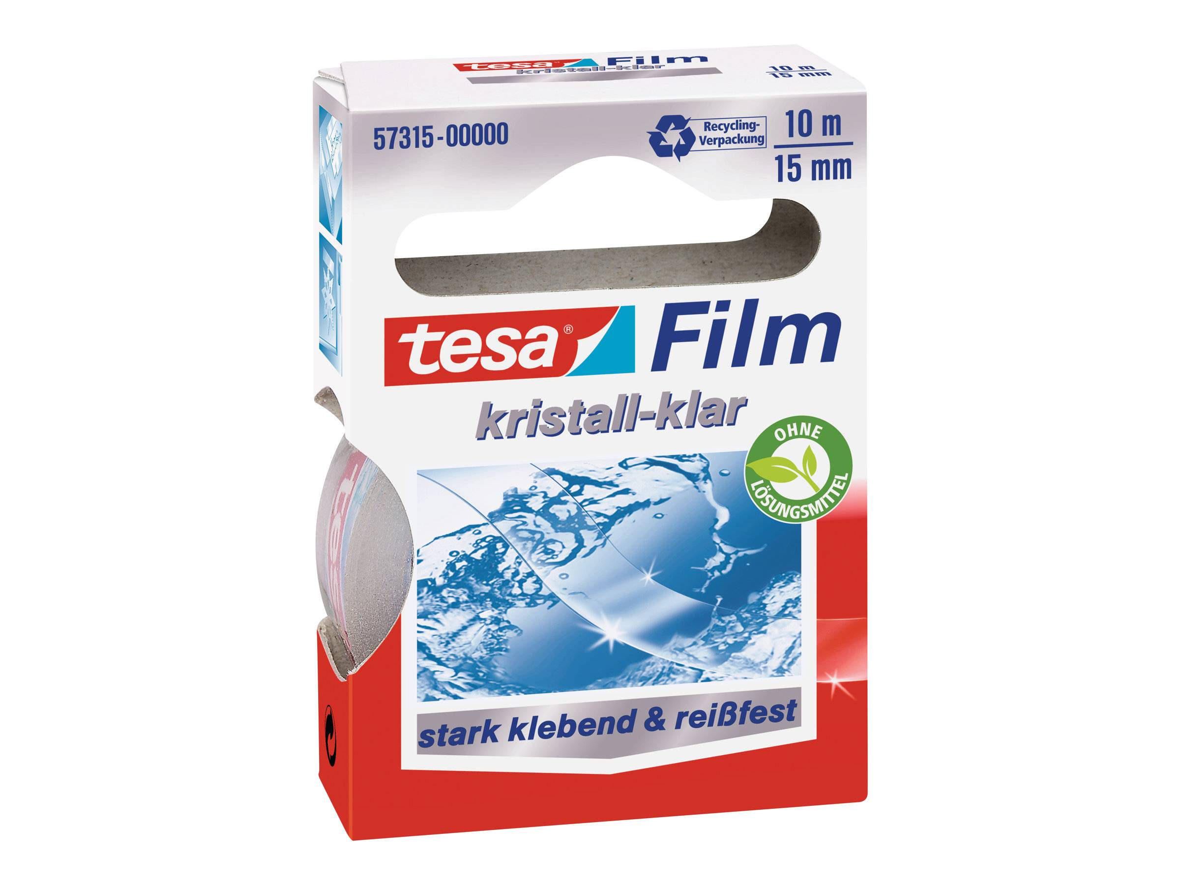 Verpackungsbox für tesa Film kristallklares Klebeband, gekennzeichnet mit 10 m x 15 mm und „stark klebend & reißfest