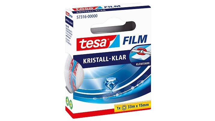 Packung mit tesa FILM Kristall-Klar transparentem Klebeband, mit einer Rolle und Produktgröße 33 m x 15 mm.