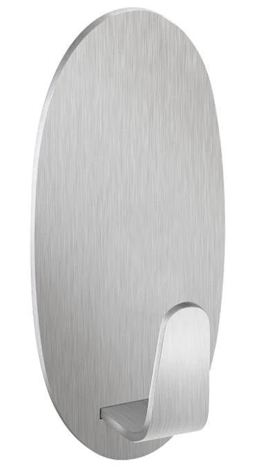 Ovales Wandpaneel aus gebürstetem Metall mit einem kleinen integrierten Regal und einem gekrümmten Haken an der unteren rechten Seite, wahrscheinlich zum Aufhängen von Gegenständen.