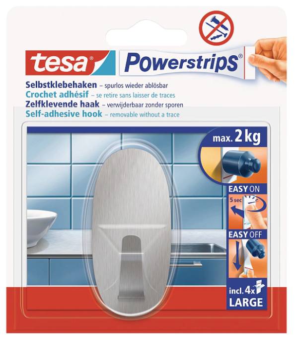 Verpackung für tesa Powerstrips selbstklebende Haken, zeigt einen großen silbernen Haken für die Badnutzung, trägt bis zu 2 kg und ist leicht anzubringen/zu entfernen, 4er-Packung enthalten.