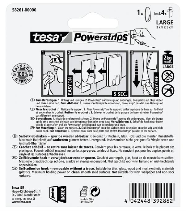 Paket mit tesa Powerstrips großen Edelstahl-Wandhaken, zeigt 1 Haken, 2 kg maximal, und Schritt-für-Schritt-Befestigungsanleitung.