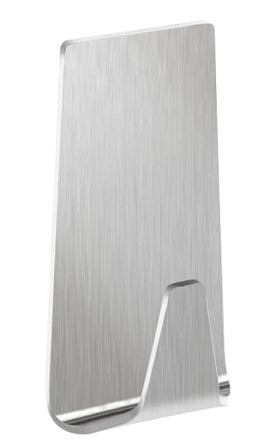 Gebürstete Metall-Kartenhalter oder Ständer mit dreieckiger Frontstütze, vor weißem Hintergrund gezeigt.