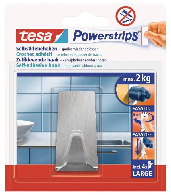 Verpackung für tesa Powerstrips selbstklebender Haken, zeigt einen silbernen Haken für die Badnutzung, max. 2 kg, einfaches Anbringen und Entfernen in 5 Sekunden.