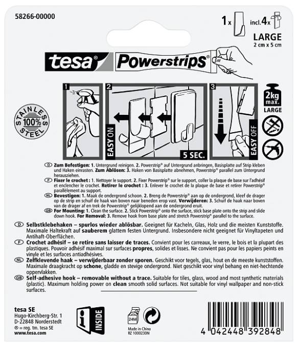 Verpackung für tesa Powerstrips großer Edelstahlhaken, zeigt 3-Schritt-Wandbefestigungsanleitung und maximale Belastung von 2 kg.