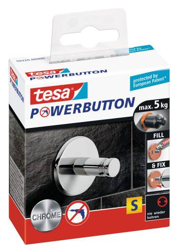Tesa Powerbutton Chrom-Wandhaken Verpackung, zeigt einen glänzenden Chrom-Haken, max. 5 kg, zur Fill-and-Fix-Montage ohne Bohren.