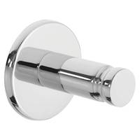 Chrome-Wandhaken oder Garderobenhaken auf einer runden Rückplatte, isoliert auf weißem Hintergrund dargestellt.