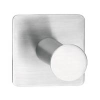 Quadratischer Metallknopf oder Haken mit gebürsteter Oberfläche und rundem weißem Frontbereich, zentriert auf einem schlichten Hintergrund.