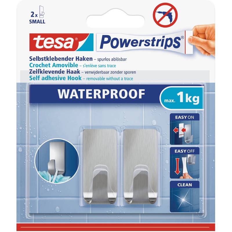 Packung tesa Powerstrips wasserfeste selbstklebende Haken, 2 kleine Haken, max. 1 kg, einfaches An-/Abnehmen und spurlose Entfernung.
