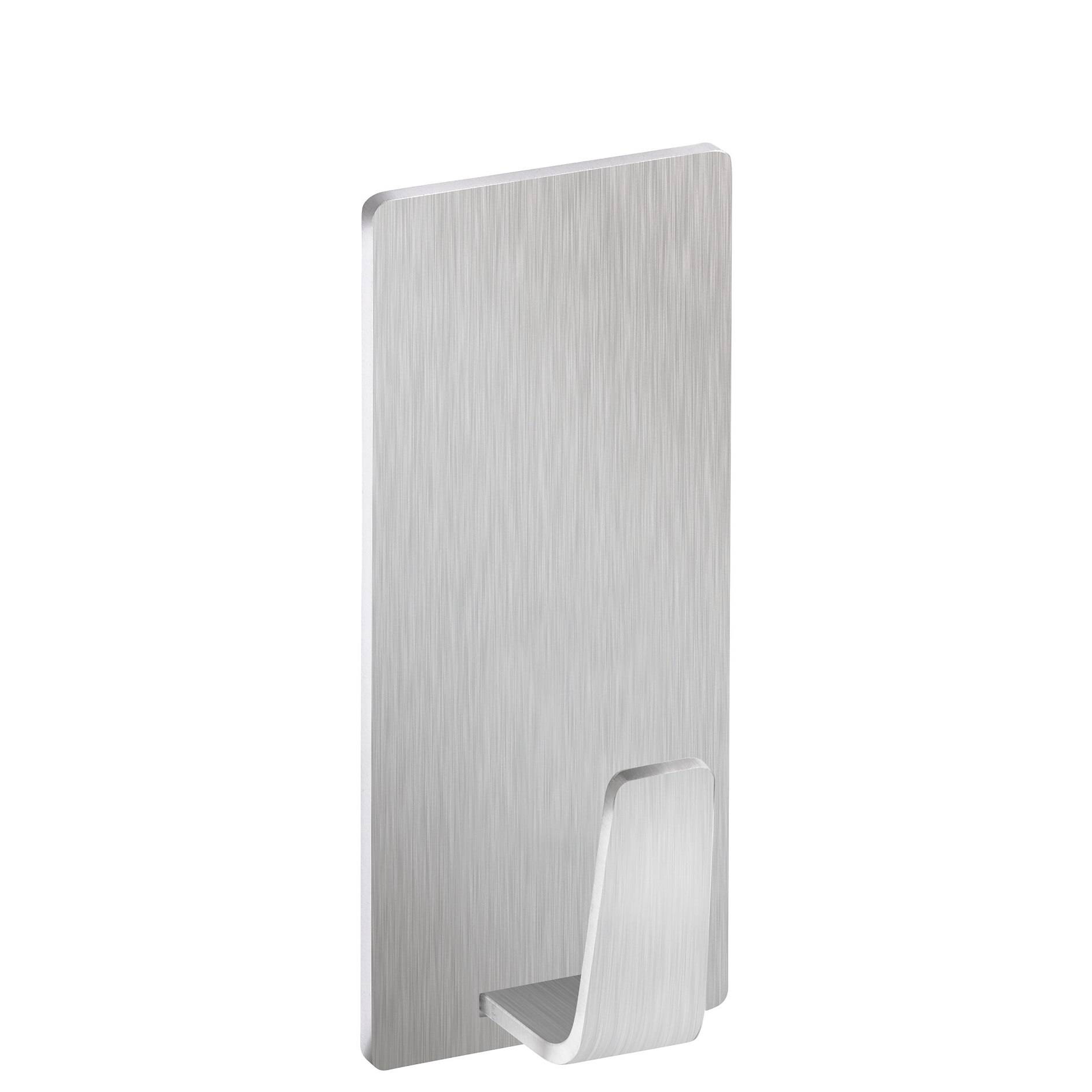 Minimalistische Wandhaken oder Garderobe aus gebürstetem Metall mit einer kleinen ausgeklappbaren Stütze am unteren Ende, dargestellt auf weißem Hintergrund.