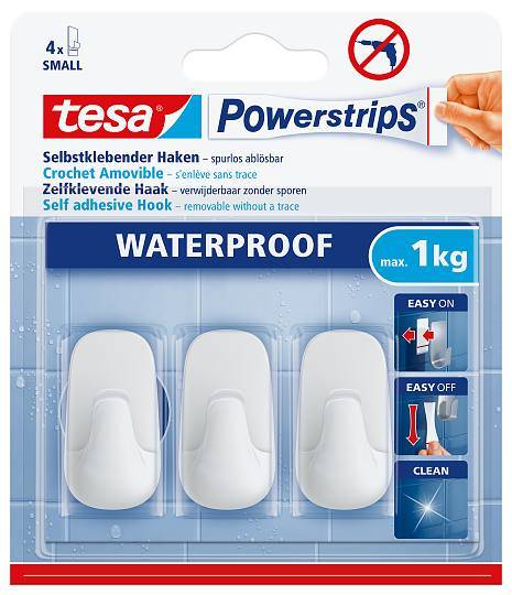 Packung mit 4 selbstklebenden wasserfesten Haken, 'tesa Powerstrips', max. 1 kg, leicht zu befestigen/leicht zu entfernen, weiße Haken in Blisterverpackung.