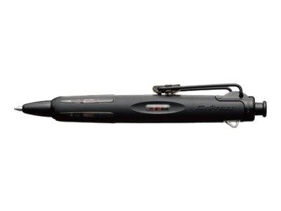 Schwarzes, stiftähnliches Gerät mit spitzer Spitze und Clip, horizontal auf weißem Hintergrund dargestellt.