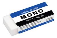 Foto eines weißen Mono-Kunststoffradierers in blau-schwarz-weiß bedruckter Verpackung mit der Beschriftung „PLASTIC ERASER