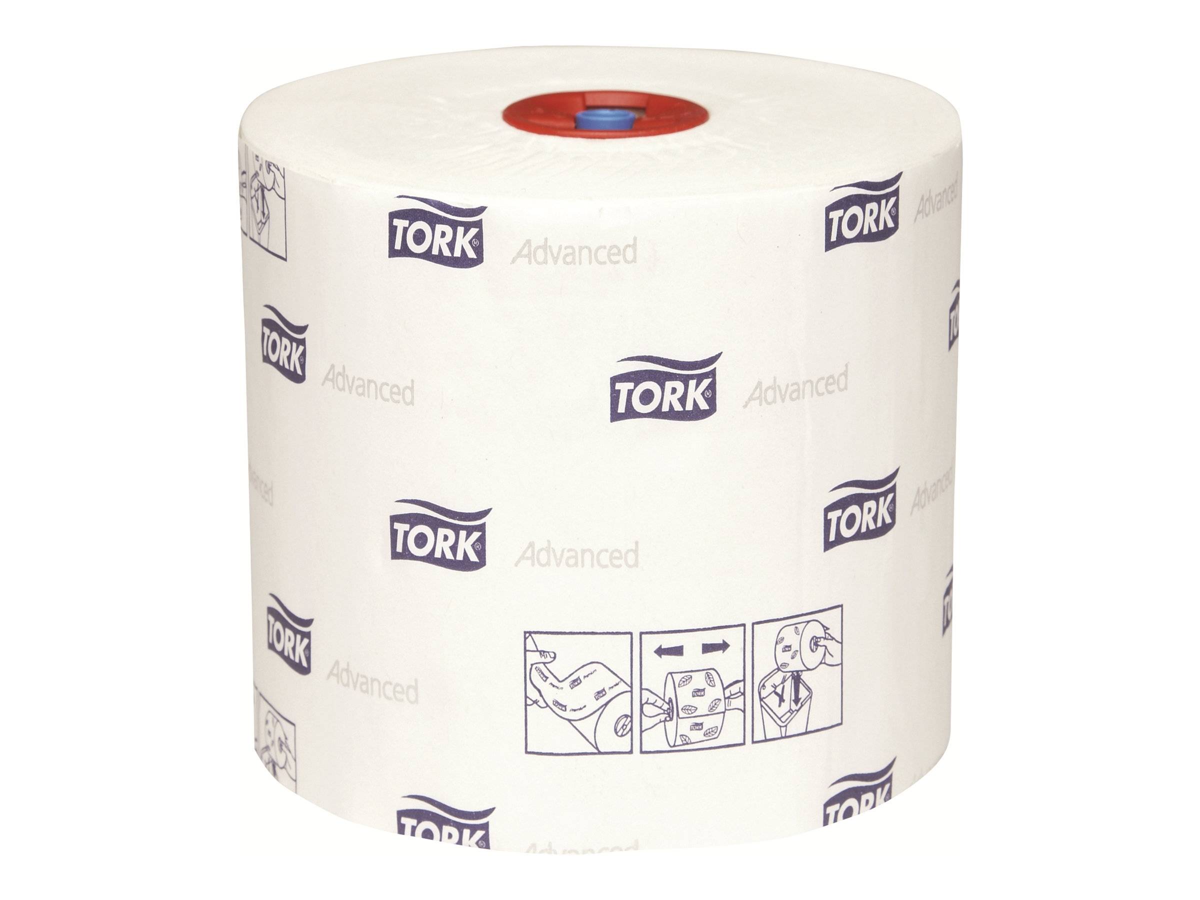 Eine große weiße Tork Advanced Papiertuchrolle mit wiederholtem Logodruck und kleinen Nutzungssymbolen, dargestellt vor einem einfachen Hintergrund.