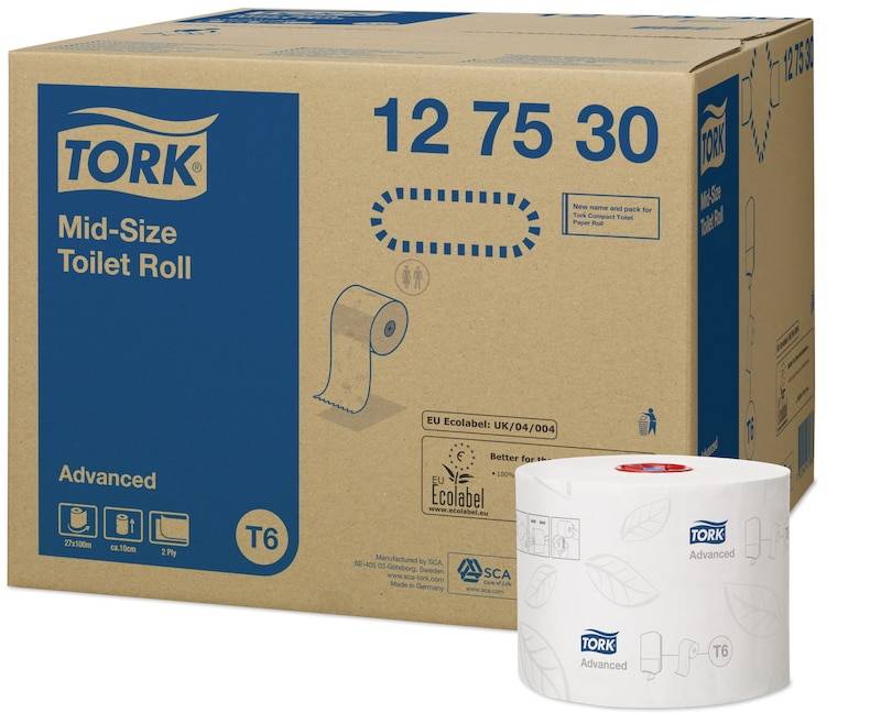 Tork Toilettenpapier in Mittlergröße mit einer Rolle abgebildet, gekennzeichnet mit Advanced und T6, in brauner und blauer Verpackung.