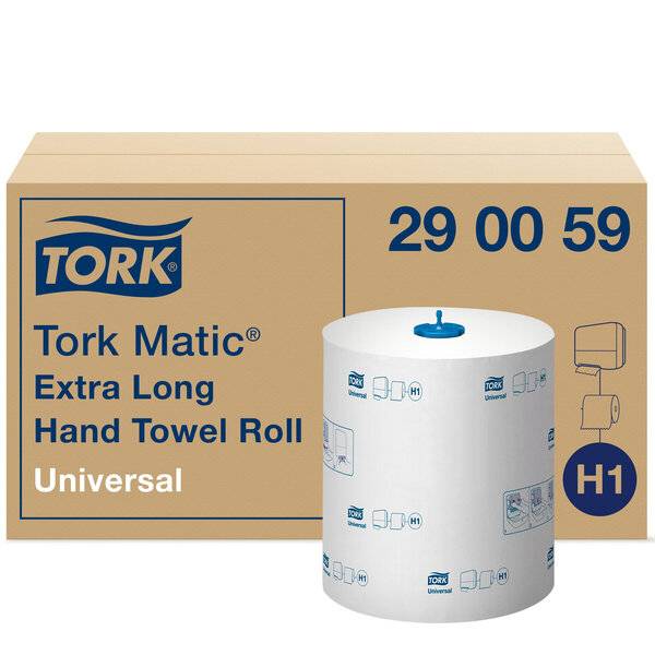 Karton mit Tork Matic Extra Long Handtuchrolle, Universal H1, Produktcode 29 00 59, mit einer weißen Papiertuchrolle davor.