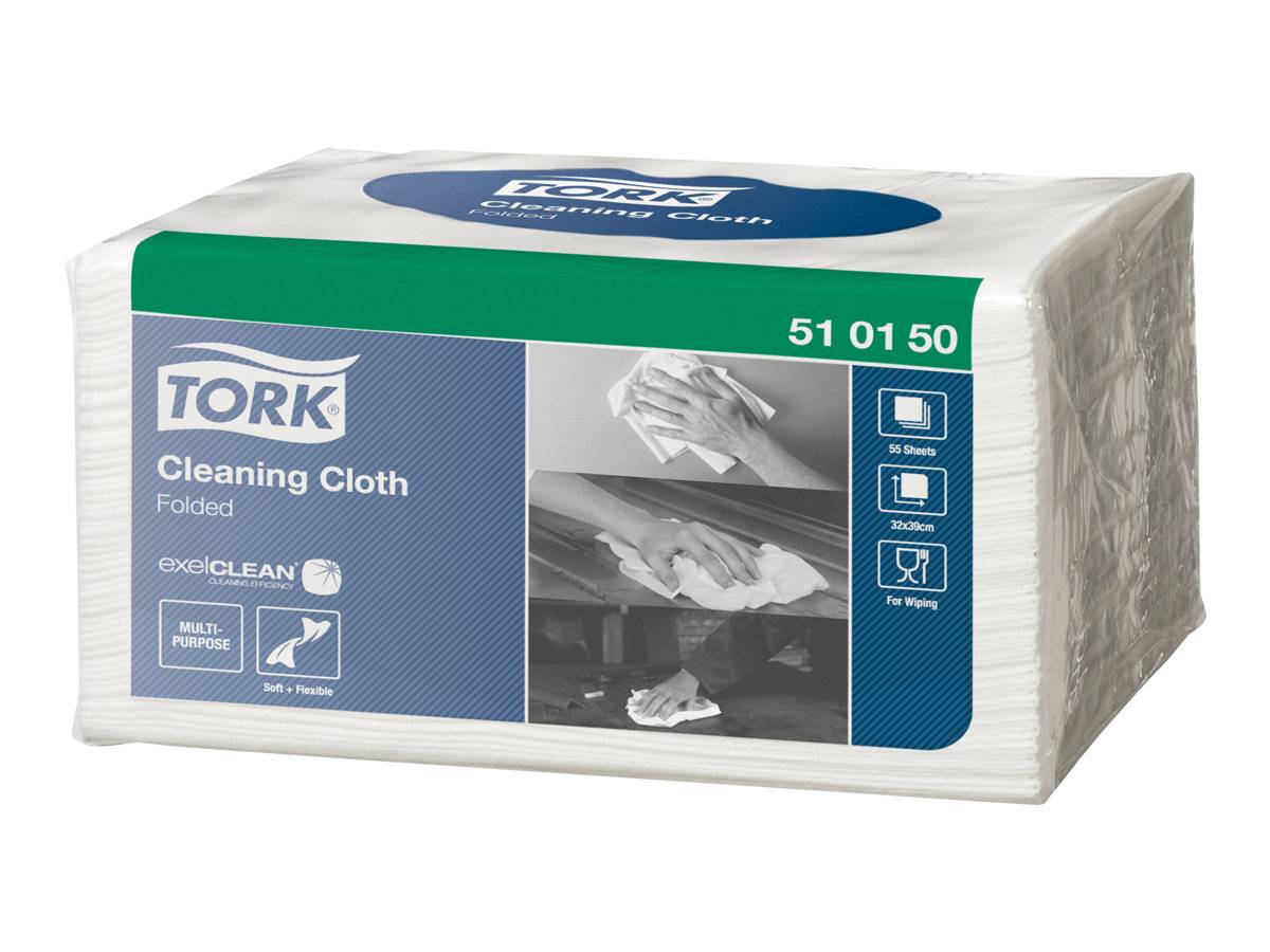 Packung Tork Reinigungstuch gefaltete Mehrzwecktücher, 51 01 50, in weiß-blauer Verpackung mit Produktbildern auf der Vorderseite.