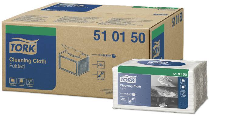 Tork Reinigungstuch Gefaltete verpackte Tücher Box und verpackte Packung, mit den Bezeichnungen '51 01 50' und '51 01 51', zur Reinigung.