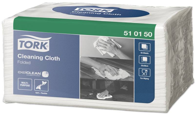 Paket Tork Reinigungstücher gefaltete Tücher, 510150, mit Symbolen, die 50 Blatt, saugfähig und zum Abwischen von Oberflächen zeigen.