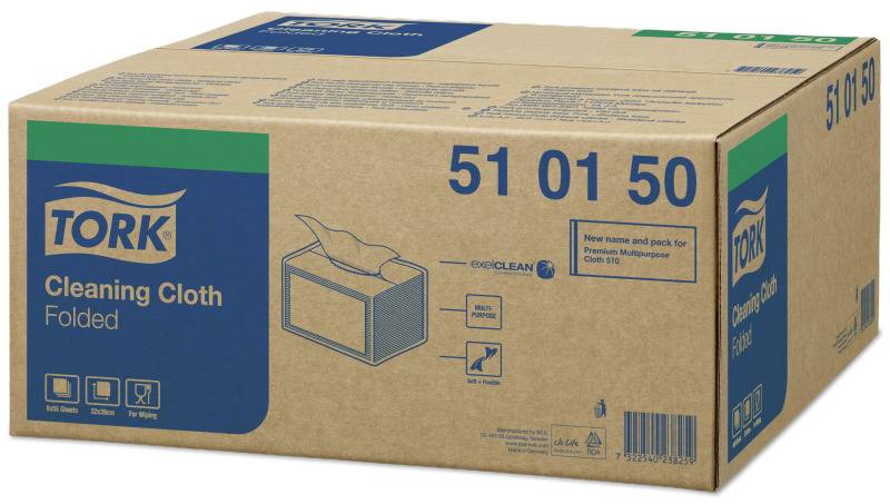 Tork Reinigungstuch gefaltetes Produkt in Karton, gekennzeichnet mit 51 01 50, mit blauer und grüner Verpackung und einer Illustration der Ausgabebox.