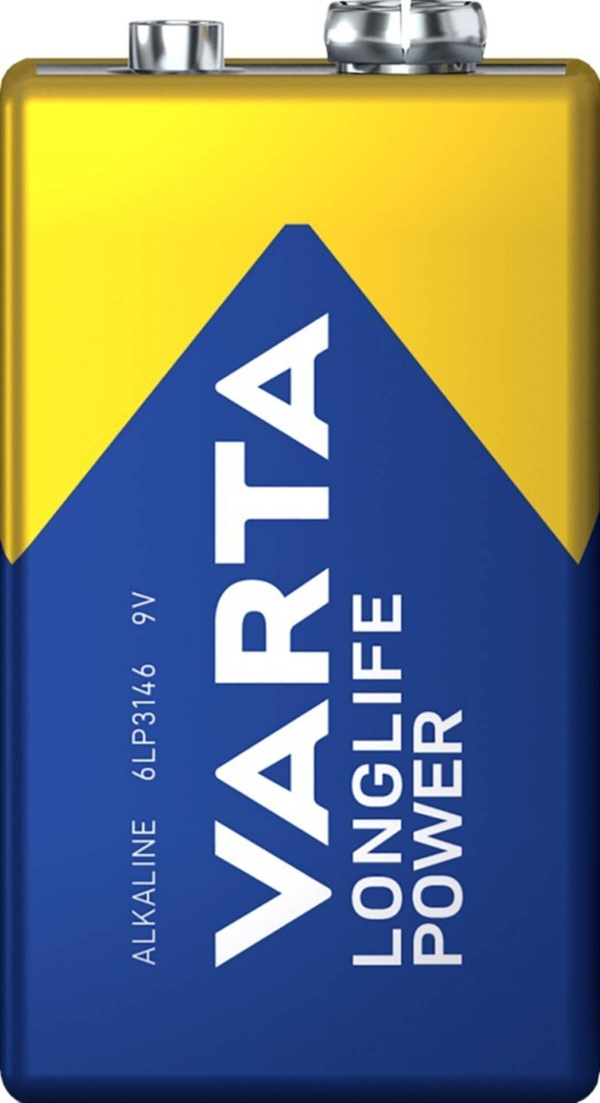 Eine Varta Longlife Power AA Alkali-Batterie, blau und gelb mit dem Markennamen und dem Leistungsetikett darauf gedruckt.