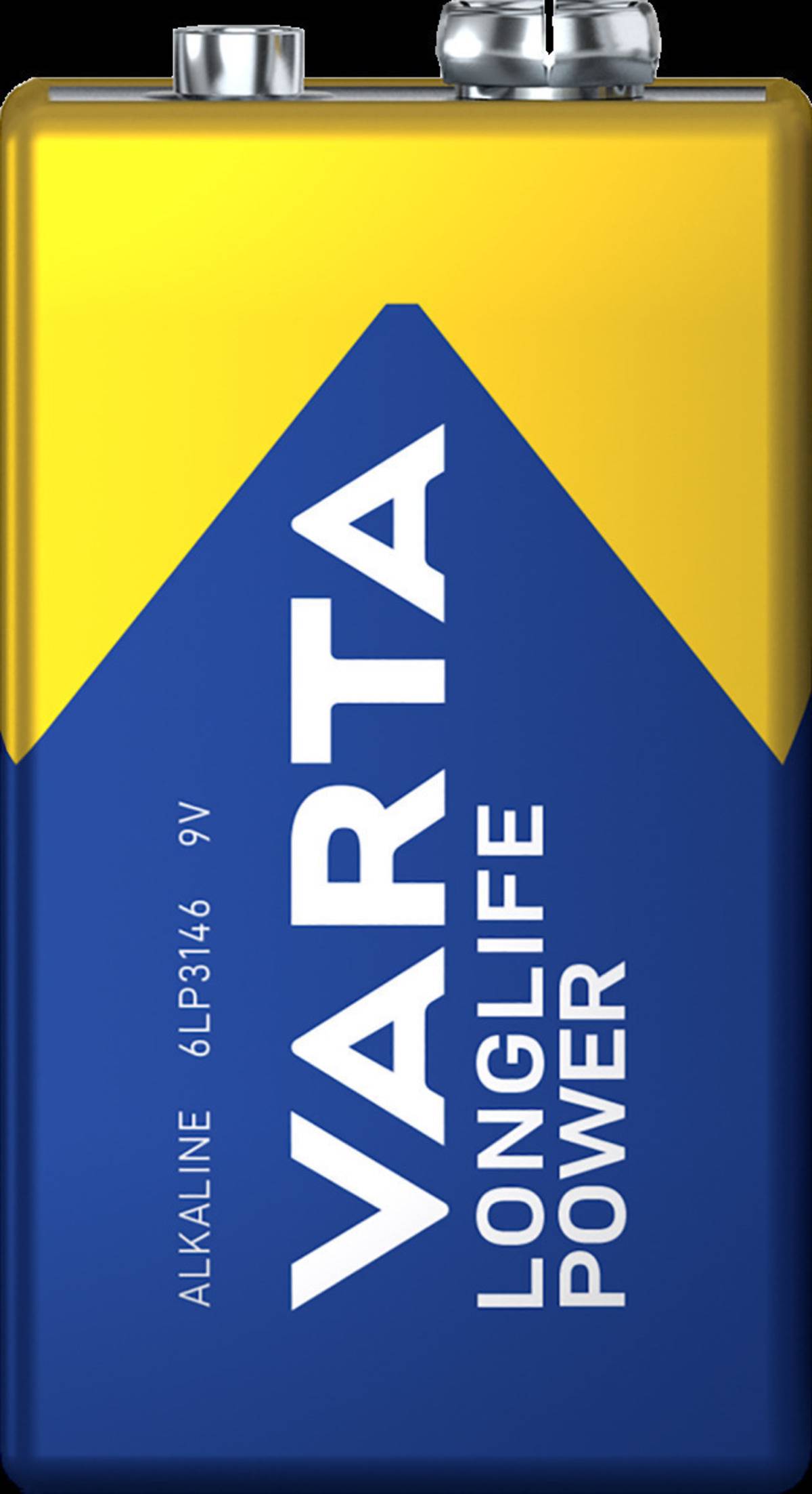 VARTA Longlife Power Alkalibatterie, 9V, gezeigt in blau-gelber Verpackung mit sichtbaren Anschlüssen oben.