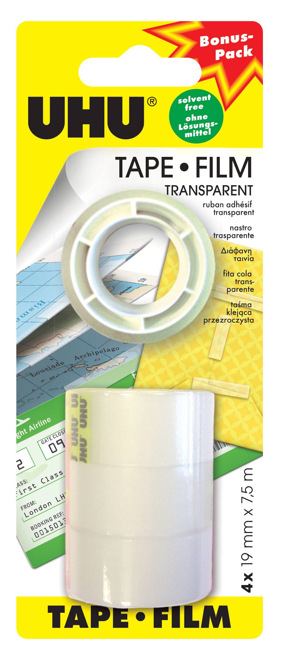 Verpackung von transparentem Klebeband mit Produkt in der Mitte. Der Hintergrund zeigt eine Karte und Text in mehreren Sprachen, die das Klebeband beschreiben.